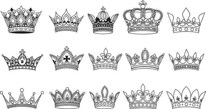 Set of royal crown vector illustrations featuring king and queen headgear in black line art style