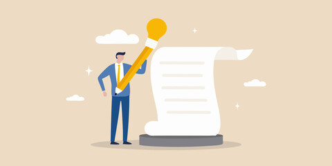 Man writing on a scroll with a pencil shaped like a lightbulb © Lolita