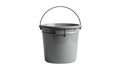 A digitally rendered, grey plastic bucket with a handle against a black background