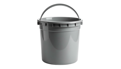 A gray plastic bucket with a handle, isolated on a black background, with soft lighting