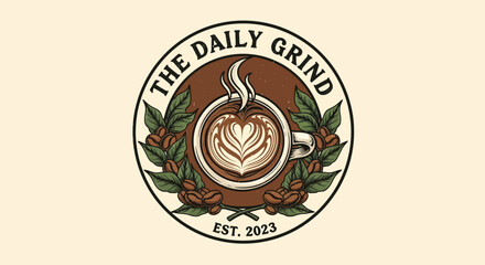 Vintage coffee shop logo with coffee cup and leaves, the daily grind emblem, retro style, warm tones, circular design, established 2023