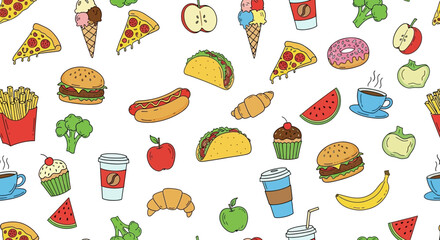Colorful fast food and snack illustrations on white background, including pizza, burgers, tacos, fries, desserts, fruits, and drinks
