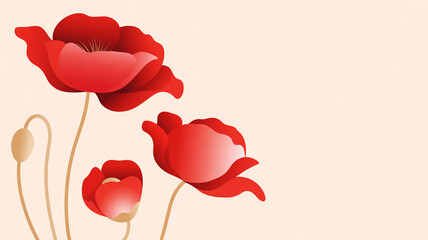 Vibrant red poppy flowers in minimalist style against a light background with copy space