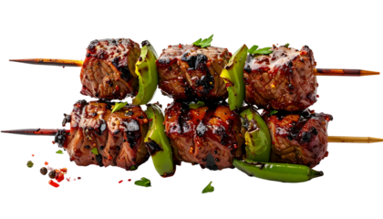 Skewered grilled meat cubes with green peppers, drizzled sauce, garnished parsley