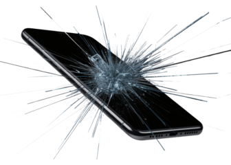Black smartphone with cracked screen isolated on transparent background