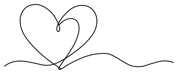 Minimalist continuous line illustration of a heart drawn with a single black stroke, extending into a smooth flowing line beneath. Elegant hand-drawn love symbol isolated on a white background.