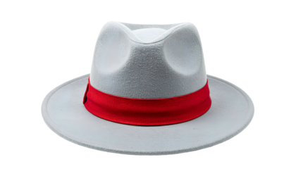 A light gray fedora hat with a bright red band, isolated on a black background
