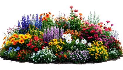 A vibrant, colorful flower bed overflowing with a diverse array of blooms
