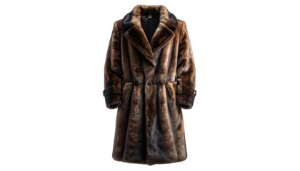 Elegant, full-length brown faux fur coat, double-breasted with cinched waist, against a black backdrop