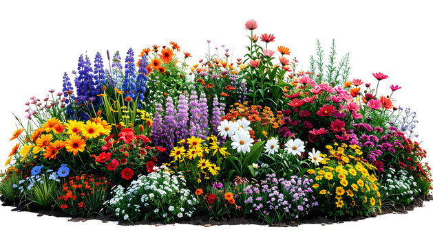 A vibrant, colorful flower bed overflowing with a diverse array of blooms