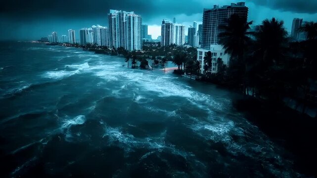 Natural disaster. Devastating loss aftermath scene. Aerial view of a coastal cityscape during a stormy night, with dark, stormy sky overhead. The city skyline is dominated by highrise buildings.