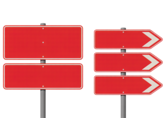 Red directional road signs on metal posts isolated on transparent background