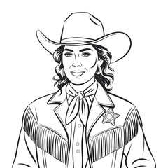 Portrait of a smiling woman dressed as a cowboy with a sheriff's badge