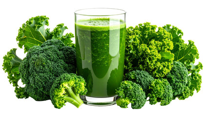 A glass of green juice surrounded by broccoli and kale