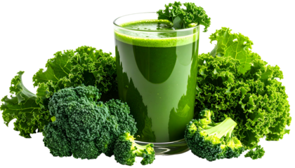 A glass of vibrant green juice sits surrounded by fresh kale and broccoli
