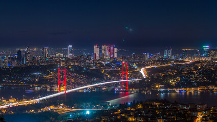 Istanbul city skyline cityscape time lapse from day to night view of bosphorus bridge and financial business center