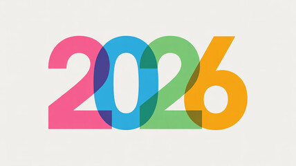 A modern and vibrant design featuring the number 2026 with overlapping colorful digits in pink, blue, green, and orange