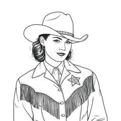 Confident Cowgirl Sheriff Line Art Portrait in Western Attire and Hat with Fringed Jacket