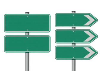 Green directional road signs on metal posts isolated on transparent background