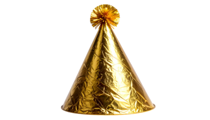A festive golden cone-shaped hat with a decorative rosette on top