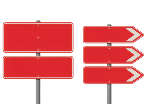 Red directional road signs on metal posts isolated on transparent background - Powered by Adobe