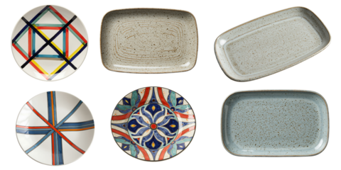 six different colorful plates on white background