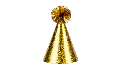 Golden cone-shaped party hat with a fluffy pompom at the top, isolated on black