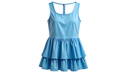 A sleeveless, light blue dress with tiered ruffles at the skirt and a racerback