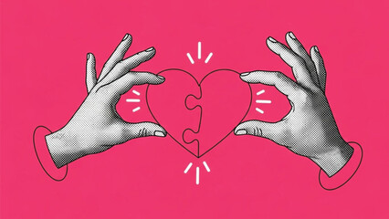 Two hands connecting two puzzle pieces forming a heart shape, symbolizing love, connection, and partnership, in a retro halftone illustration style against a vibrant pink background.