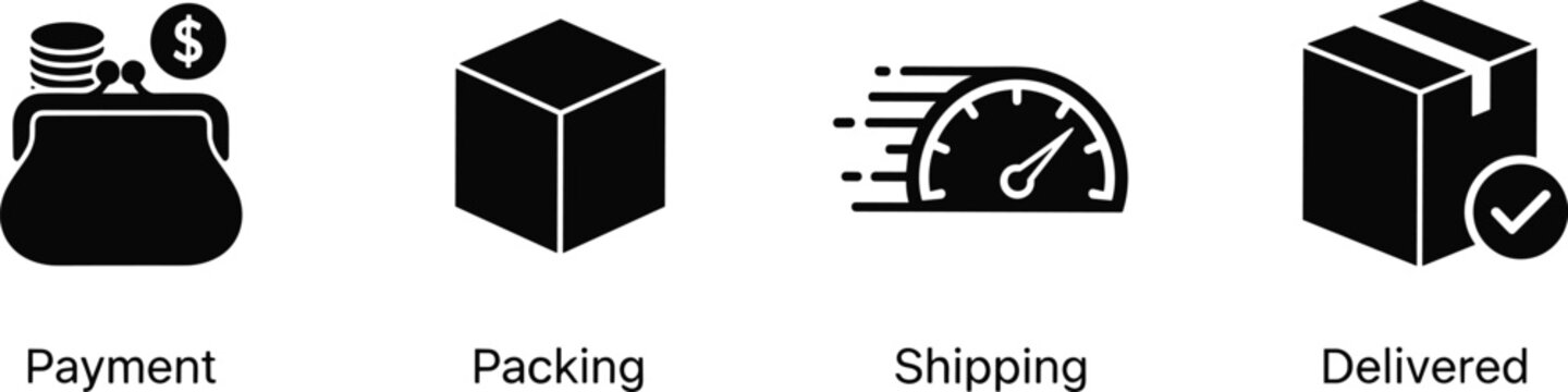 Black silhouette icon set representing e-commerce delivery process including payment packing shipping and delivered symbols