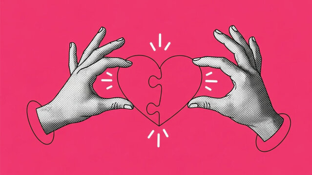 Two hands connecting two puzzle pieces forming a heart shape, symbolizing love, connection, and partnership, in a retro halftone illustration style against a vibrant pink background.