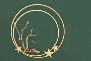 Driftwood and starfish abstract with round frames. Surreal minimal natural rustic design for logo, business card, greeting card, label. On green background.