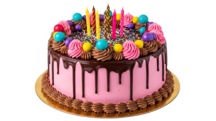A pink birthday cake isolated on transparent background with colorful eggs