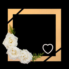  In memorial card with white rose flowers on black background with gold frame, heart symbol and ribbon. Design for floral in loving memory tribute card.