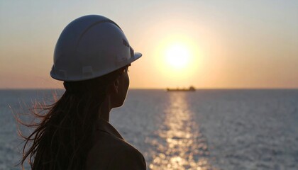 Silhouette of a worker in a hard hat at sunset.