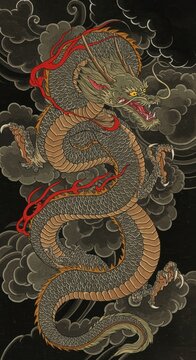 Majestic Asian Dragon in Clouds Traditional Japanese Tattoo Art Print
