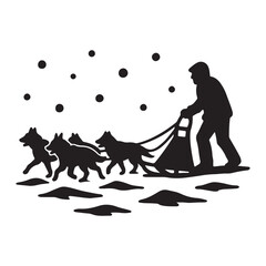 Dynamic illustration of a musher guiding a dog sled team through a snowy landscape, showcasing the thrilling winter sport and the bond between human and animal in a challenging environment
