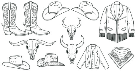 Western Wear and Accessories Boots, Hats, and Jackets Illustrations