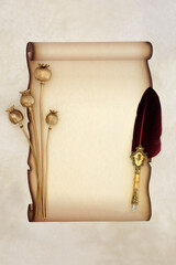 Paper scroll on parchment with quill pen, gold poppy flora seed heads. Vintage old fashioned faded document blank for love letter, invitation, message.