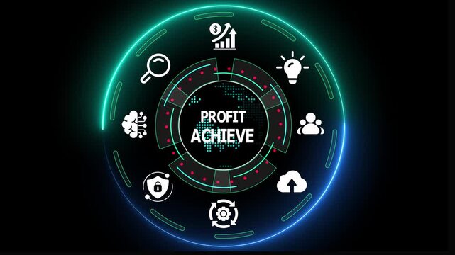 Profit achieve concept with circular digital dashboard, finance icons, revenue analytics and business success visualization.