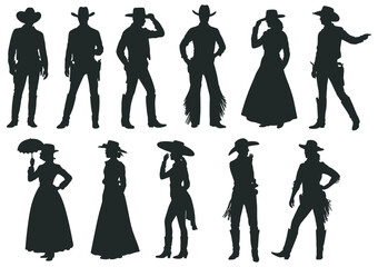 Collection of various cowboy and cowgirl silhouettes in classic western attire, depicting different poses and styles