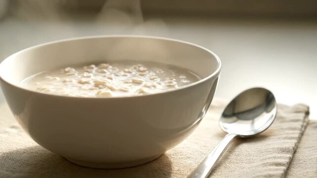 Bowl of Oatmeal with Spoon on Table.