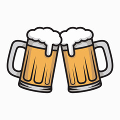 Two cartoon beer mugs clinking together in a cheerful toast, symbolizing celebration and good times with friends