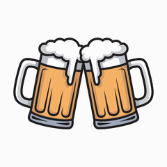 Vibrant cartoon illustration of two frothy beer mugs clinking together in a joyful toast, symbolizing celebration, friendship, and festive occasions