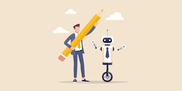 Collaboration between a businessman and a robot with a large pencil