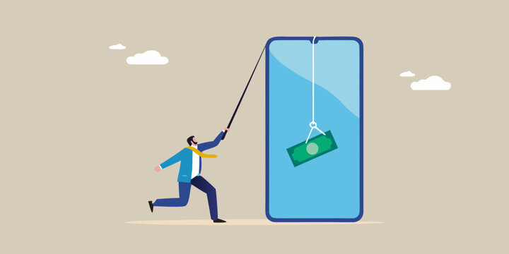 Man attempting to catch money dangling from a smartphone with a fishing rod