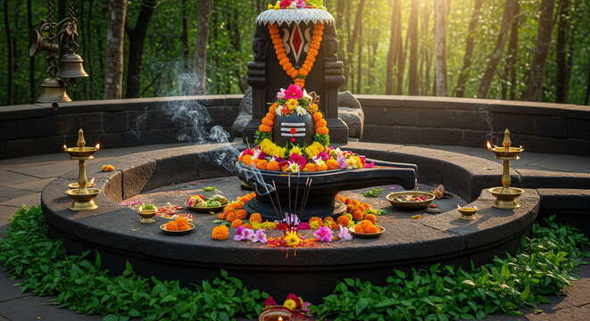 Shivling decorated with flowers and lamps in forest temple representing mahadev worship during early morning sawan purnima and holy sawan shivratri