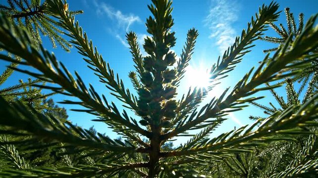 Close-up of Pine Tree Needles Against a Bright Blue Sky.