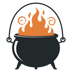 Mysterious black cauldron with dancing orange flames, ideal for magic potions or warm festive brews