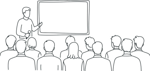 Engaging business presentation or educational seminar with a speaker addressing a seated audience in a conference room